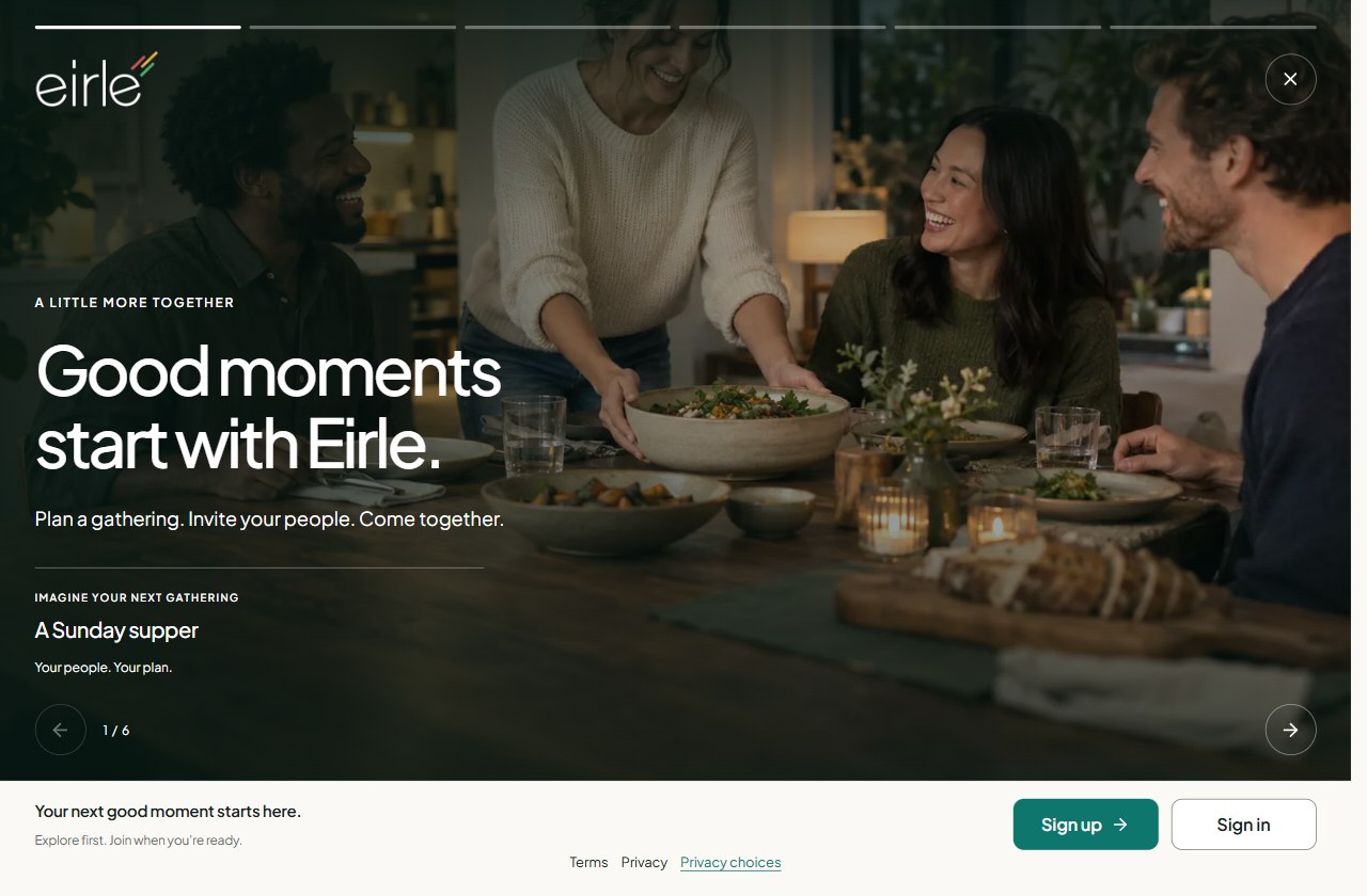 Eirle.com welcome screen on a desktop, introducing plans and gatherings.